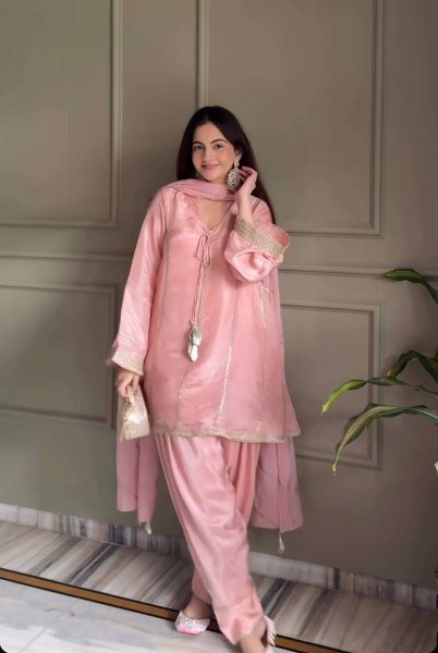 Timeless Pink Jimmy Silk Farshi Salwar Suit with Fancy Lace Work for Wedding Wear Ready To Wear Collection