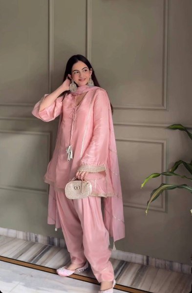 Timeless Pink Jimmy Silk Farshi Salwar Suit with Fancy Lace Work for Wedding Wear Ready To Wear Collection