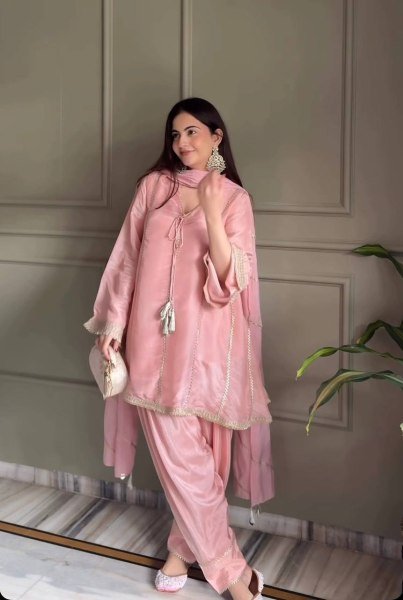 Timeless Pink Jimmy Silk Farshi Salwar Suit with Fancy Lace Work for Wedding Wear Ready To Wear Collection