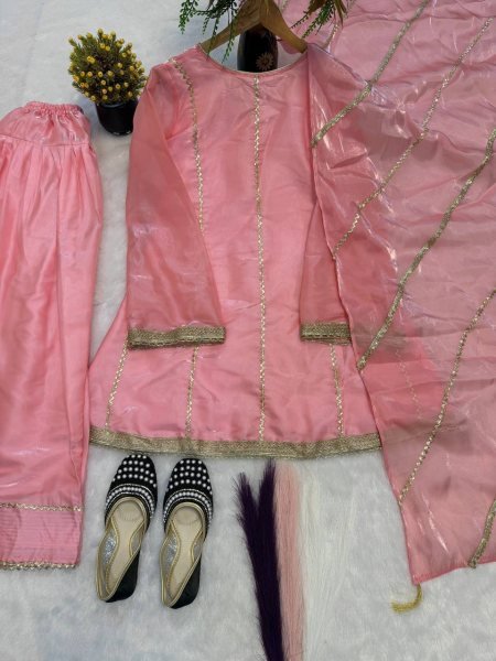 Timeless Pink Jimmy Silk Farshi Salwar Suit with Fancy Lace Work for Wedding Wear Ready To Wear Collection