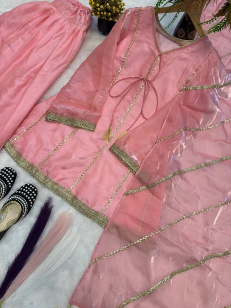 Timeless Pink Jimmy Silk Farshi Salwar Suit with Fancy Lace Work for Wedding Wear Ready To Wear Collection