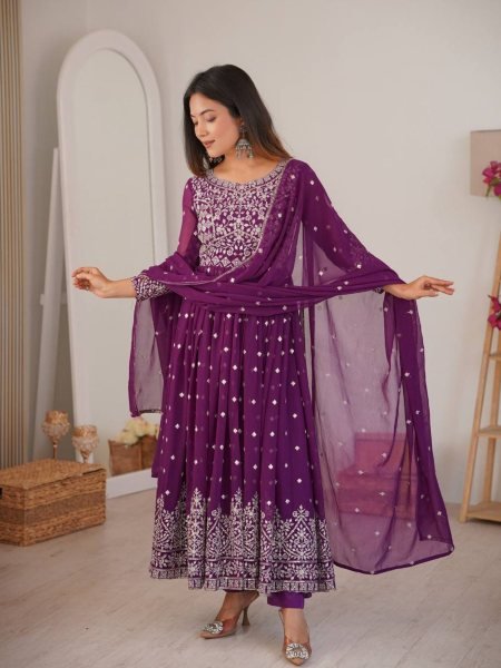 Timeless Purple Georgette Anarkali Suits Set With 2 2 Meter Flair For Women Ready To Wear Suit