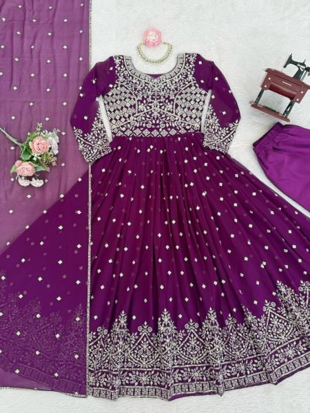 Timeless Purple Georgette Anarkali Suits Set With 2 2 Meter Flair For Women Ready To Wear Collection