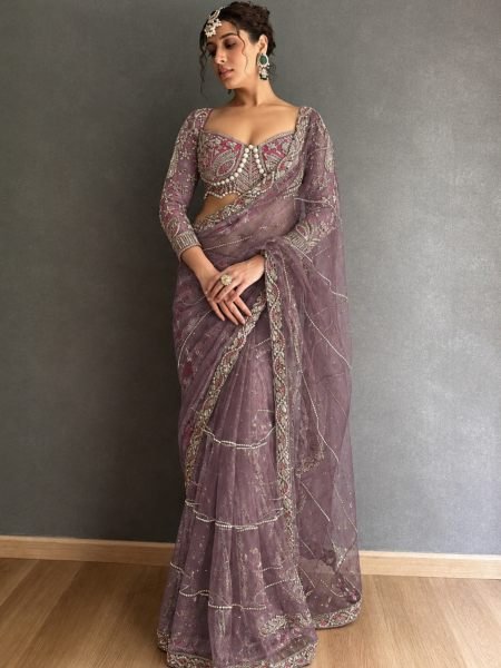 Timeless Purple Net Embroidered Saree with Diamond Work Border at Wholesale Rate