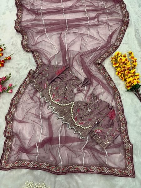 Timeless Purple Net Embroidered Saree with Diamond Work Border at Wholesale Rate Designer Wedding Sarees Wholesale