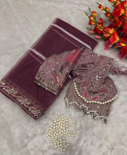 Timeless Purple Net Embroidered Saree with Diamond Work Border at Wholesale Rate Designer Wedding Sarees Wholesale