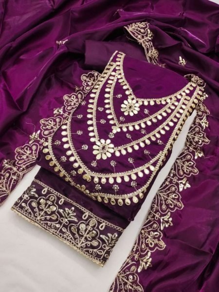 Timeless Purple Premium Party Wear Fandy Satin Suit Material with Dupatta Dress Material 