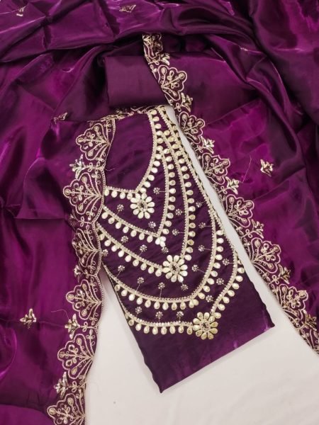 Timeless Purple Premium Party Wear Fandy Satin Suit Material with Dupatta Color Set Matching Dress Material Wholesale