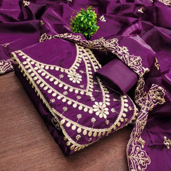 Timeless Purple Premium Party Wear Fandy Satin Suit Material with Dupatta Color Set Matching Dress Material Wholesale