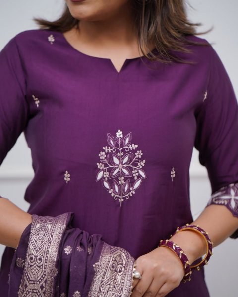 Timeless Purple PV Chanderi Kurti Pant Set with Jacquard Cotton Dupatta at Wholesale Rate  Straight Cut Long Kurtis