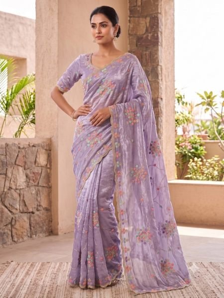 Timeless Purple Space Silk Sequin Beads Work Saree with Unstitched Blouse for Party Wear  