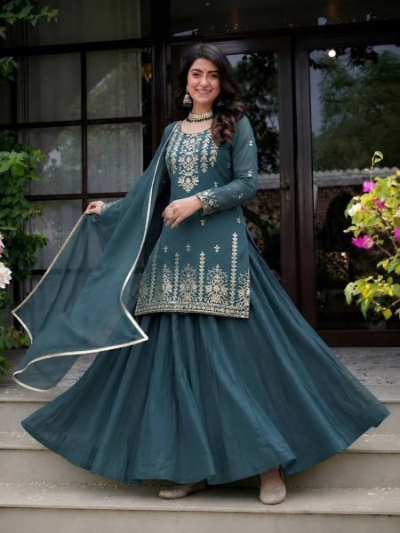 Timeless Rama Roman Cotton Embroidered Top Lehenga and Chanderi Silk Dupatta Set Ready To Wear Suit
