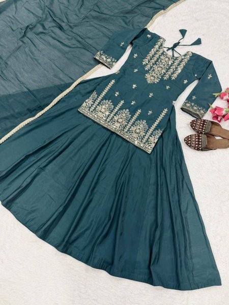 Timeless Rama Roman Cotton Embroidered Top Lehenga and Chanderi Silk Dupatta Set Ready To Wear Collection