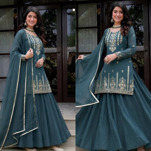 Timeless Rama Roman Cotton Embroidered Top Lehenga and Chanderi Silk Dupatta Set Ready To Wear Collection