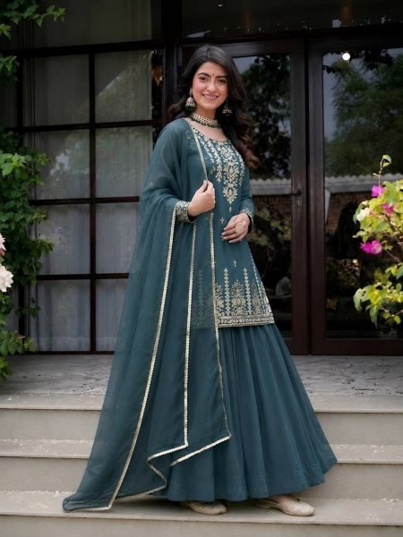 Timeless Rama Roman Cotton Embroidered Top Lehenga and Chanderi Silk Dupatta Set Ready To Wear Collection