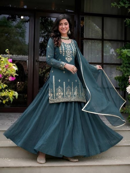 Timeless Rama Roman Cotton Embroidered Top Lehenga and Chanderi Silk Dupatta Set Ready To Wear Collection