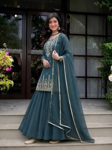 Timeless Rama Roman Cotton Embroidered Top Lehenga and Chanderi Silk Dupatta Set Ready To Wear Collection