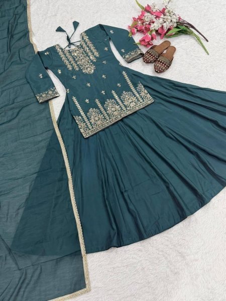 Timeless Rama Roman Cotton Embroidered Top Lehenga and Chanderi Silk Dupatta Set Ready To Wear Collection