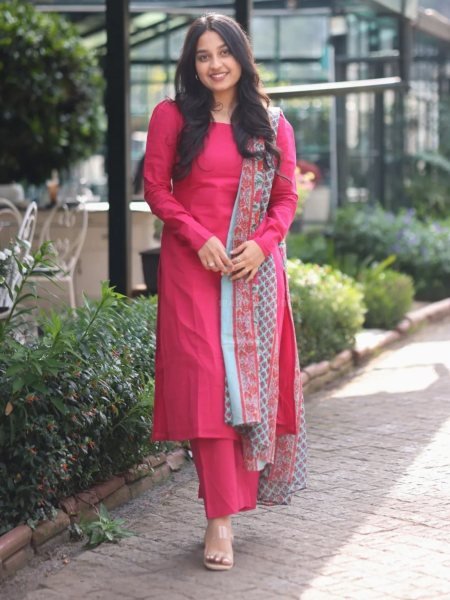Timeless Rani Pink Designer Cotton Kurti Pant Suit with Chanderi Silk Printed Dupatta Kurtis