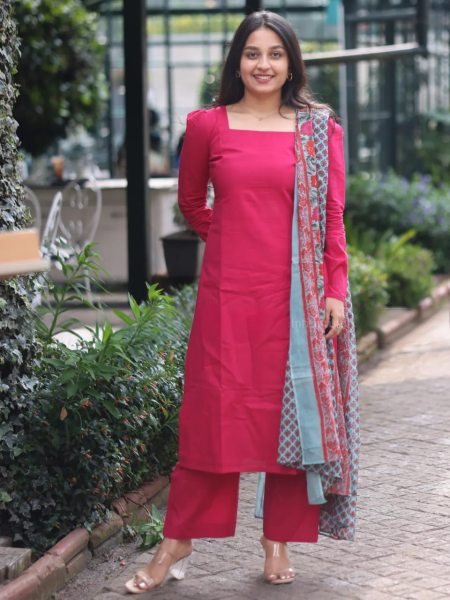 Timeless Rani Pink Designer Cotton Kurti Pant Suit with Chanderi Silk Printed Dupatta Cotton Kurtis Wholesale