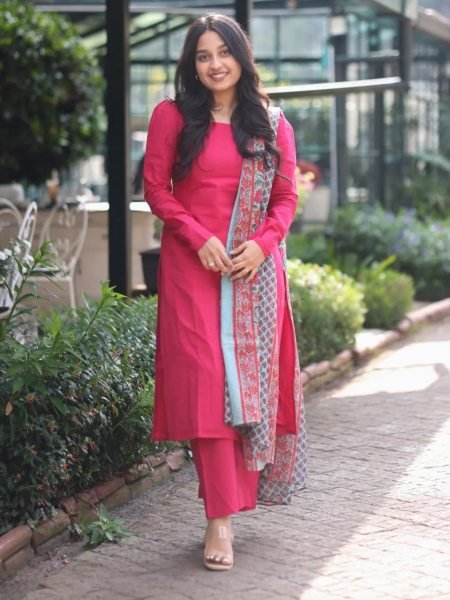 Timeless Rani Pink Designer Cotton Kurti Pant Suit with Chanderi Silk Printed Dupatta Cotton Kurtis Wholesale