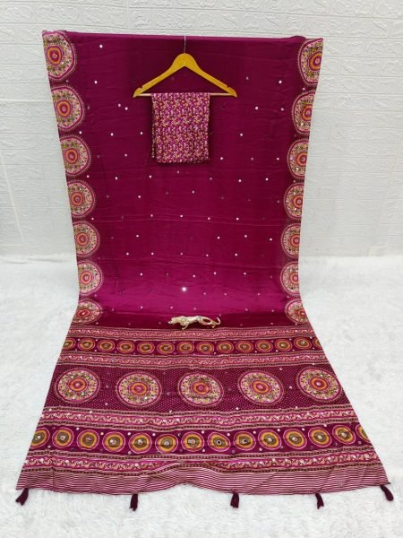 Timeless Rani Pink Japan Satin Silk Saree with Mirror Embroidery For Party Wear Silk Sarees Wholesale