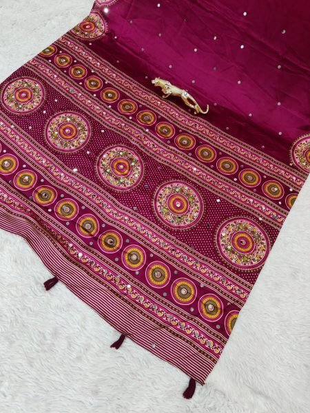 Timeless Rani Pink Japan Satin Silk Saree with Mirror Embroidery For Party Wear Silk Sarees Wholesale