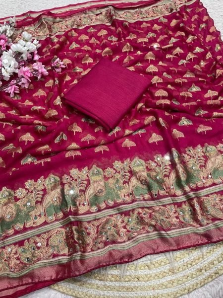 Timeless Rani Pink Premium Massmeelo Brrosso Saree with Original Mirror Work Sarees 
