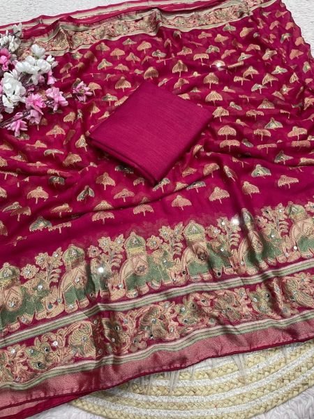 Timeless Rani Pink Premium Massmeelo Brrosso Saree with Original Mirror Work Designer Wedding Sarees Wholesale