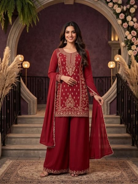 Timeless Red Chinon Top Palazzo Dupatta Set with All Over Beads Work FOr Function Salwar Kameez
