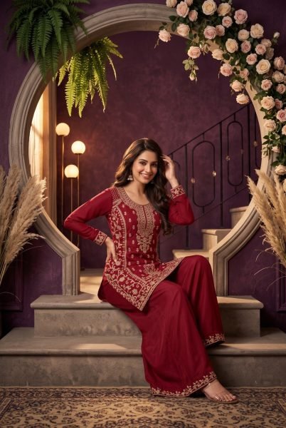 Timeless Red Chinon Top Palazzo Dupatta Set with All Over Beads Work FOr Function Designer Plazzo Salwar Suits Wholesale