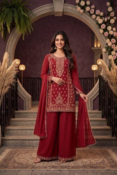 Timeless Red Chinon Top Palazzo Dupatta Set with All Over Beads Work FOr Function Designer Plazzo Salwar Suits Wholesale