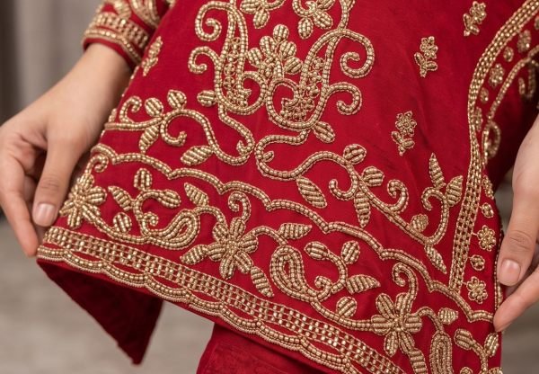 Timeless Red Chinon Top Palazzo Dupatta Set with All Over Beads Work FOr Function Designer Plazzo Salwar Suits Wholesale