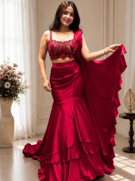 Timeless Red Crape Silk Designer Lehenga Saree with Multi Thread Embroidery Sarees 