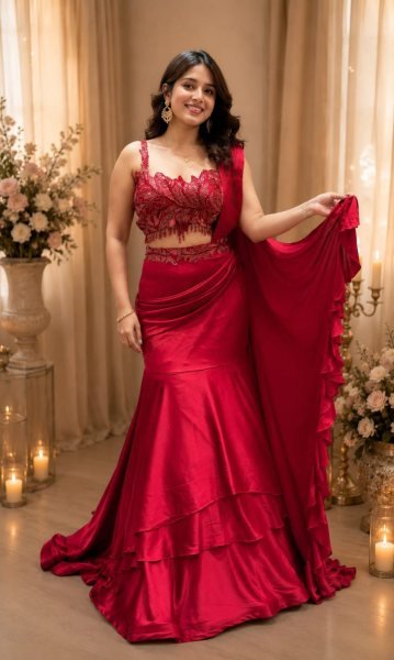 Timeless Red Crape Silk Designer Lehenga Saree with Multi Thread Embroidery Ready To Wear Saree 