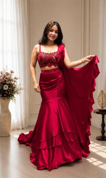 Timeless Red Crape Silk Designer Lehenga Saree with Multi Thread Embroidery Ready To Wear Saree 