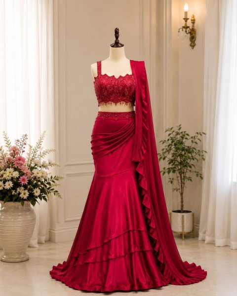 Timeless Red Crape Silk Designer Lehenga Saree with Multi Thread Embroidery Ready To Wear Saree 