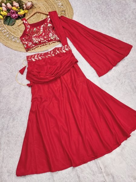 Timeless Red Crape Silk Designer Lehenga Saree with Multi Thread Embroidery Ready To Wear Saree 
