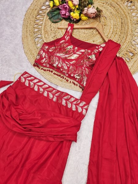 Timeless Red Crape Silk Designer Lehenga Saree with Multi Thread Embroidery Ready To Wear Saree 