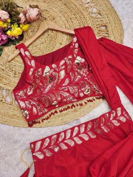 Timeless Red Crape Silk Designer Lehenga Saree with Multi Thread Embroidery Ready To Wear Saree 