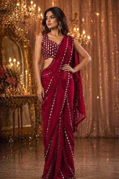 Timeless Red Faux Georgette Saree with Real Mirror Work for Party Wear Bollywood Fancy Sarees Wholesale