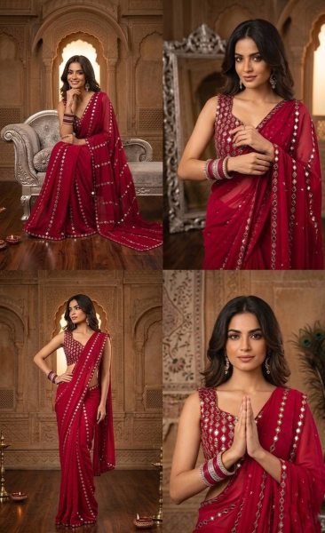 Timeless Red Faux Georgette Saree with Real Mirror Work for Party Wear Bollywood Fancy Sarees Wholesale