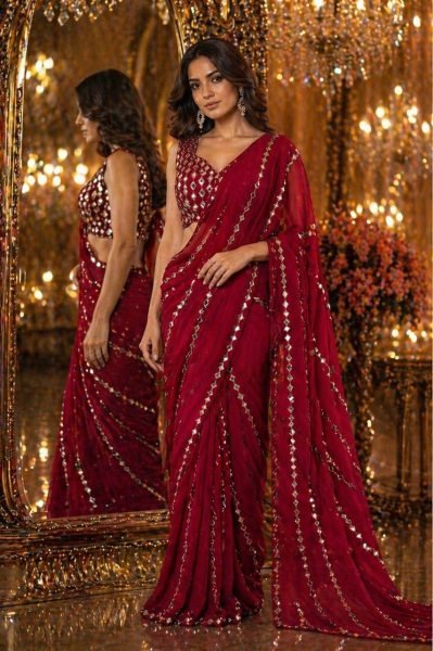Timeless Red Faux Georgette Saree with Real Mirror Work for Party Wear Bollywood Fancy Sarees Wholesale