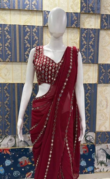 Timeless Red Faux Georgette Saree with Real Mirror Work for Party Wear Bollywood Fancy Sarees Wholesale