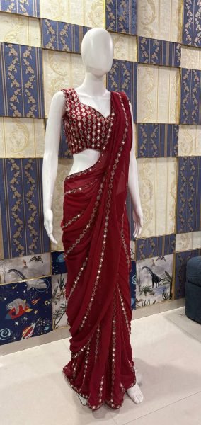 Timeless Red Faux Georgette Saree with Real Mirror Work for Party Wear Bollywood Fancy Sarees Wholesale