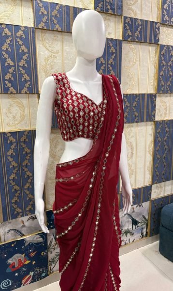 Timeless Red Faux Georgette Saree with Real Mirror Work for Party Wear Bollywood Fancy Sarees Wholesale