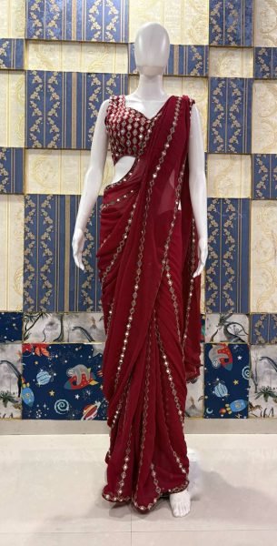 Timeless Red Faux Georgette Saree with Real Mirror Work for Party Wear Bollywood Fancy Sarees Wholesale