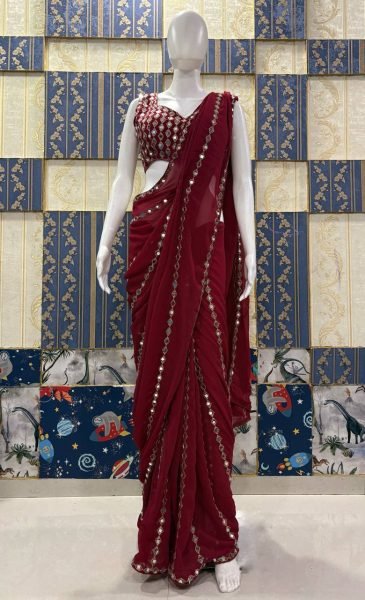 Timeless Red Faux Georgette Saree with Real Mirror Work for Party Wear Bollywood Fancy Sarees Wholesale