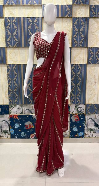 Timeless Red Faux Georgette Saree with Real Mirror Work for Party Wear Bollywood Fancy Sarees Wholesale