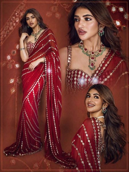 Timeless Red Faux Georgette Saree with Real Mirror Work for Party Wear Bollywood Fancy Sarees Wholesale